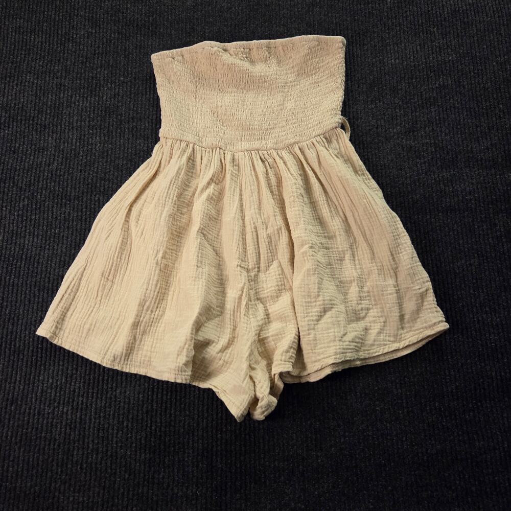 Boho Strapless Romper One Piece Gauze Cotton Tan Cream Color Size M